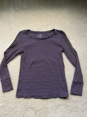 Talbots Blue White Pink Stripe Ribbed LS Tee Shirt - M Petite - VGUC - Cotton